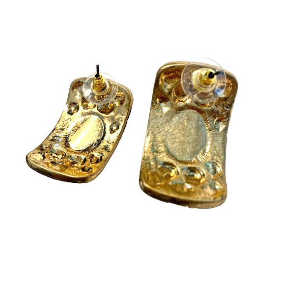 Vintage 1980’s Pierced Earrings Chunky Goldtone Faux Hoops Red Blue Cabechons - Picture 6 of 8